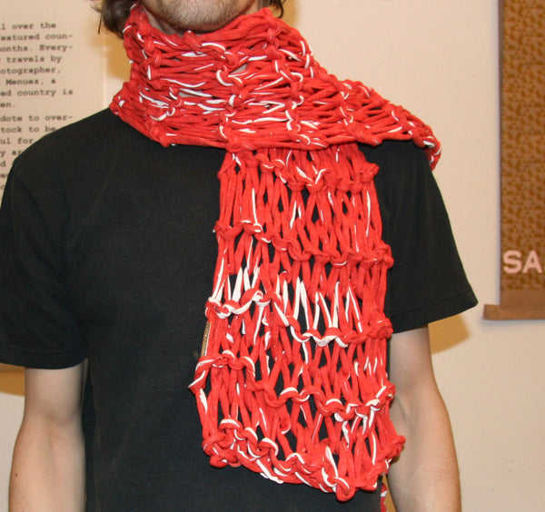 Hand Knitted Red and White Scarf