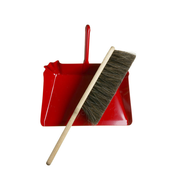 Horsehair Hand Broom and Red Metal Dustpan